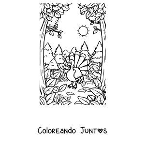 Imagen para colorear de un pavo en el bosque en otoño