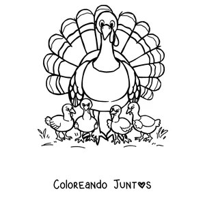 Imagen para colorear de un pavo con sus pavitos al lado