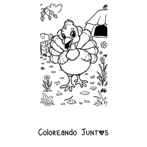 Imagen para colorear de un pavo contento paseando por el campo