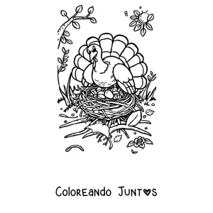 Imagen para colorear de un pavo descansando sobre la hierba