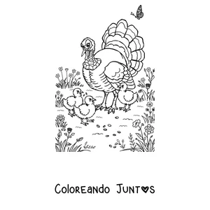 Imagen para colorear de un pavo rodeado de hojas de otoño