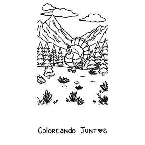 Imagen para colorear de un pavo en un paisaje de montaña