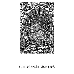 Imagen para colorear de un pavo con las plumas llenas de dibujos