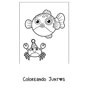 Imagen para colorear de un pez globo con un cangrejo