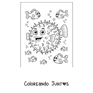 Imagen para colorear de un pez globo nadando con pececitos