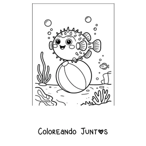 Imagen para colorear de un pez globo jugando con una pelota de playa