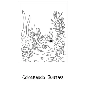 Imagen para colorear de un pez globo en el arrecife de coral