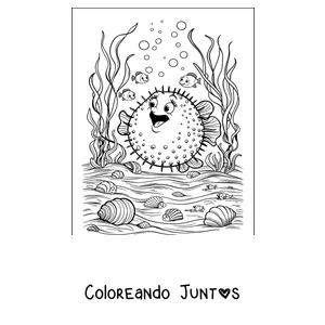 Imagen para colorear de un pez globo en el fondo del mar