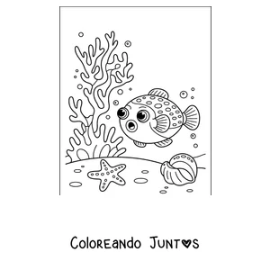 Imagen para colorear de un pez globo entre corales