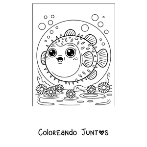 Imagen para colorear de un pez globo entre flores marinas