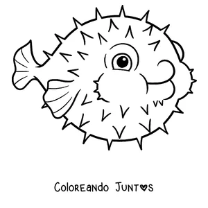 Imagen para colorear de un pez globo inflado con espinas