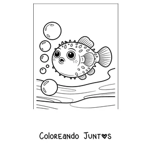 Imagen para colorear de un pez globo soltando burbujas