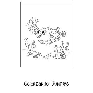 Imagen para colorear de un pez globo soltando corazones