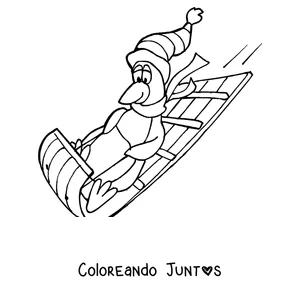 Imagen para colorear de un pingüino bajando en trineo
