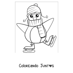 Imagen para colorear de un pingüino patinando sobre hielo