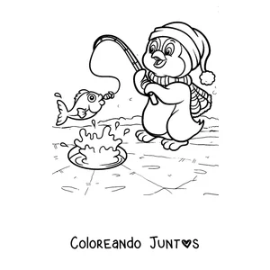 Imagen para colorear de un pingüino pescando en el hielo