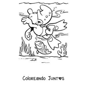 Imagen para colorear de un Pitufo buceando entre peces