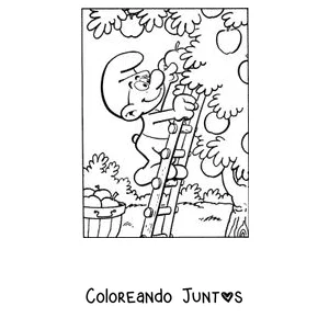 Imagen para colorear de un Pitufo recogiendo manzanas en una escalera