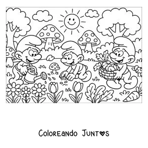 Imagen para colorear de tres Pitufos trabajando en la huerta