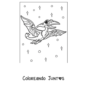 Imagen para colorear de un pterodáctilo de caricatura volando entre estrellas