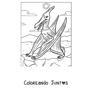 Imagen para colorear de un pterodáctilo de pie sobre un acantilado