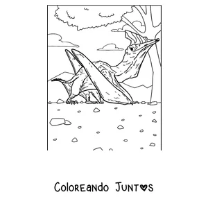 Imagen para colorear de un pterodáctilo descansando junto a un árbol