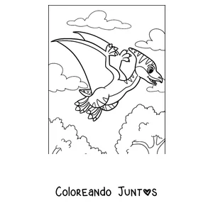 Imagen para colorear de un pterodáctilo kawaii volando sobre las colinas