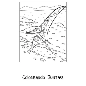 Imagen para colorear de un pterodáctilo planeando sobre una isla