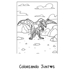 Imagen para colorear de un pterodáctilo de pie en el suelo con las alas abiertas