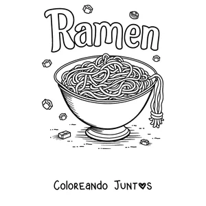 Imagen para colorear de un cartel con la palabra Ramen y un tazón de fideos