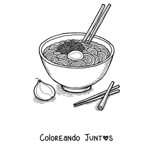Imagen para colorear de un tazón de ramen con huevo, fideos y palillos