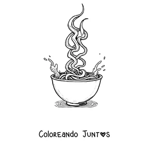 Imagen para colorear de un tazón de ramen con fideos y vapor subiendo en espiral