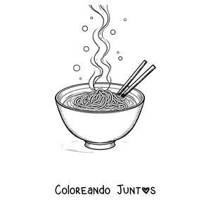 Imagen para colorear de un tazón de ramen humeante con palillos apoyados