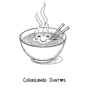 Imagen para colorear de un tazón de ramen kawaii con una carita sonriente