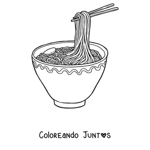 Imagen para colorear de unos palillos levantando fideos de un tazón de ramen