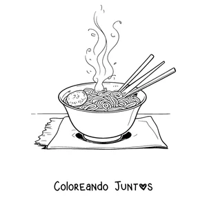 Imagen para colorear de un tazón de ramen con palillos y vapor