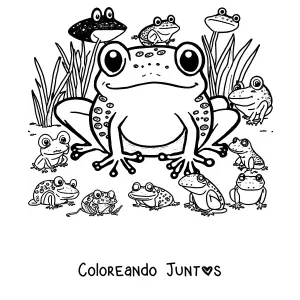 Imagen para colorear de una rana grande rodeada de muchas ranitas