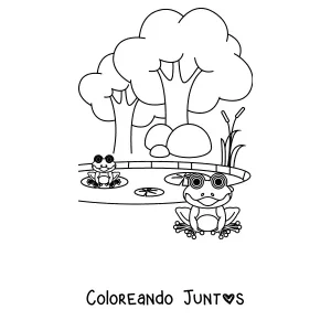 Imagen para colorear de una rana en un bosque de hongos