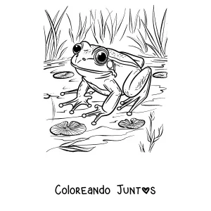 Imagen para colorear de una rana junto al estanque entre nenúfares