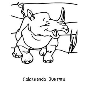 Imagen para colorear de un rinoceronte caminando entre el pasto