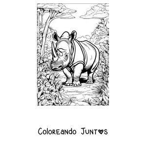 Imagen para colorear de un rinoceronte paseando por la selva