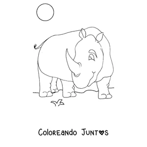 Imagen para colorear de un rinoceronte sonriente bajo el sol