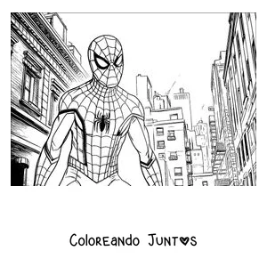 Imagen para colorear de Spider-Man de pie en una calle rodeada de edificios