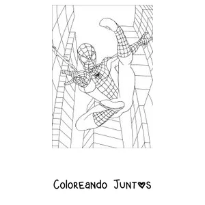 Imagen para colorear de Spider-Man trepando entre dos rascacielos muy altos