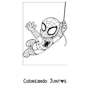 Imagen para colorear de un pequeño Spider-Man colgado y balanceándose de su telaraña