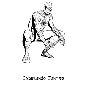 Imagen para colorear de Spider-Man agachado en una pose de superhéroe