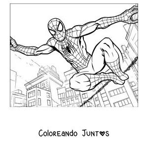 Imagen para colorear de Spider-Man saltando con los brazos abiertos entre los edificios