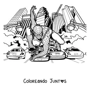 Imagen para colorear de Spider-Man agachado sobre los autos en una calle de la ciudad
