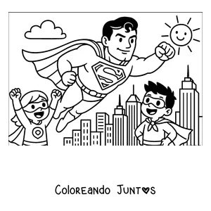 Imagen para colorear de Superman en caricatura volando sobre la ciudad con dos niños superhéroes