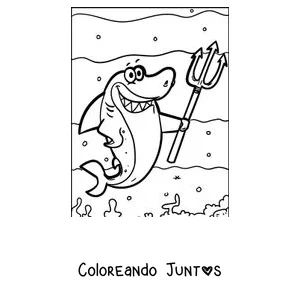 Imagen para colorear de un tiburón con un tridente como rey del mar